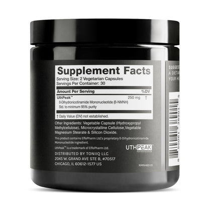 Toniiq NMNH sixty capsules container showing premium UthPeak ninety five percent purity label details.