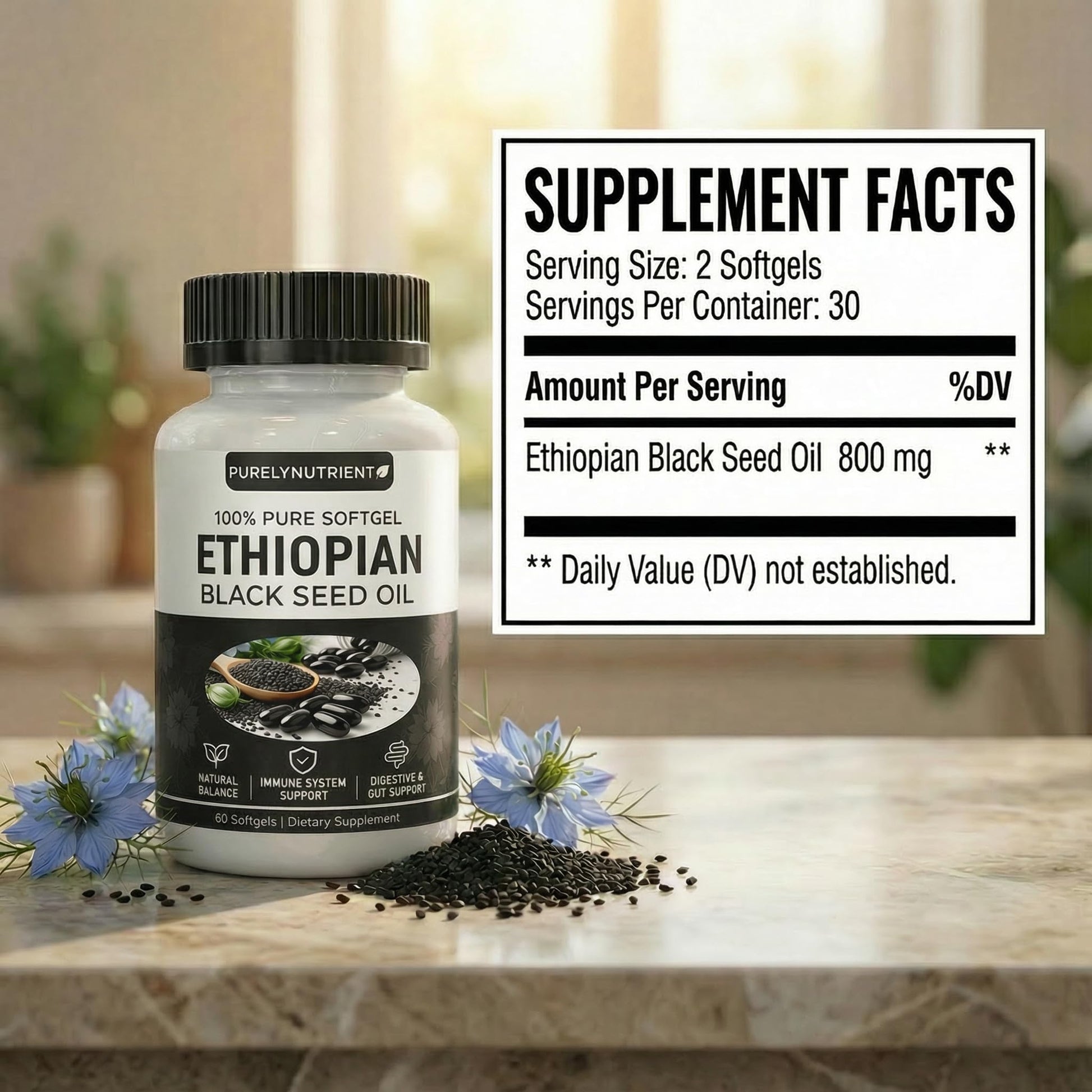 Purely Nutrient cold pressed black cumin seed oil capsules label highlighting thymoquinone content.