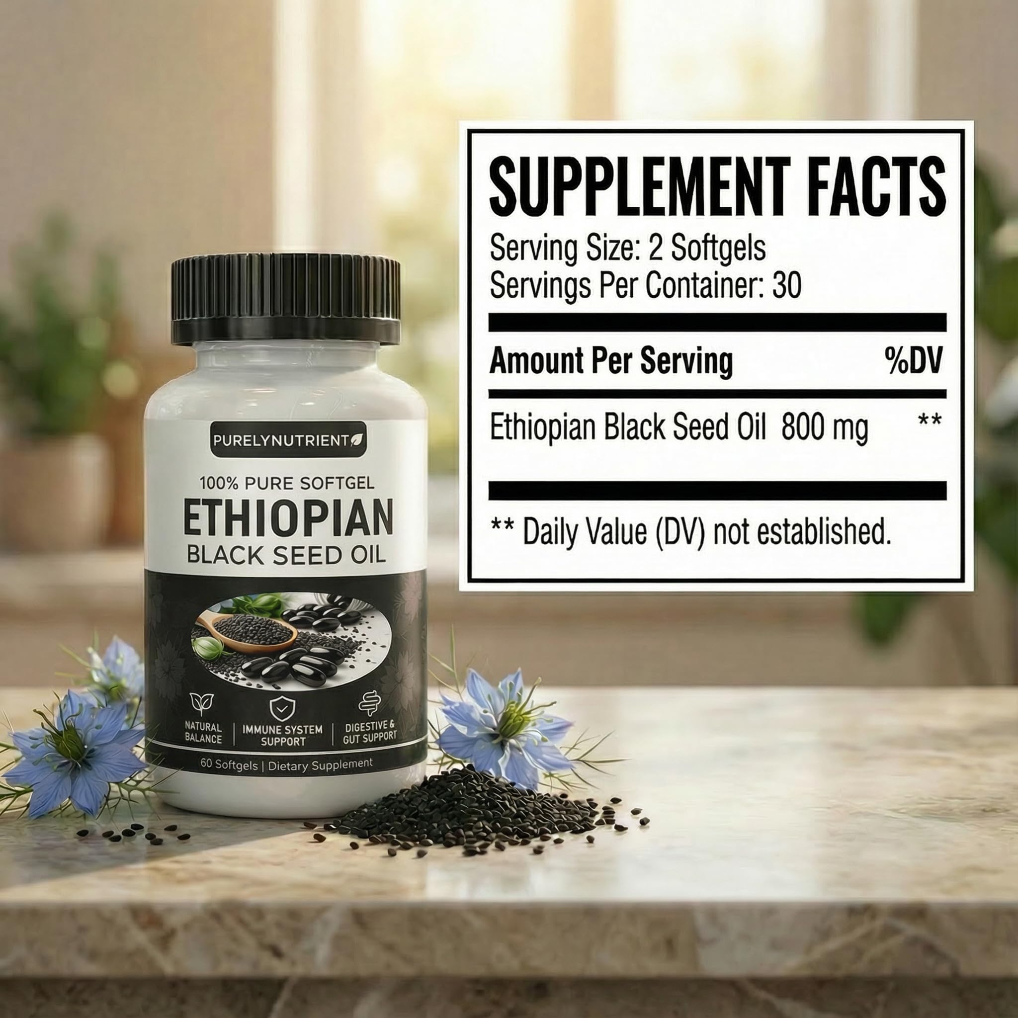 Purely Nutrient cold pressed black cumin seed oil capsules label highlighting thymoquinone content.