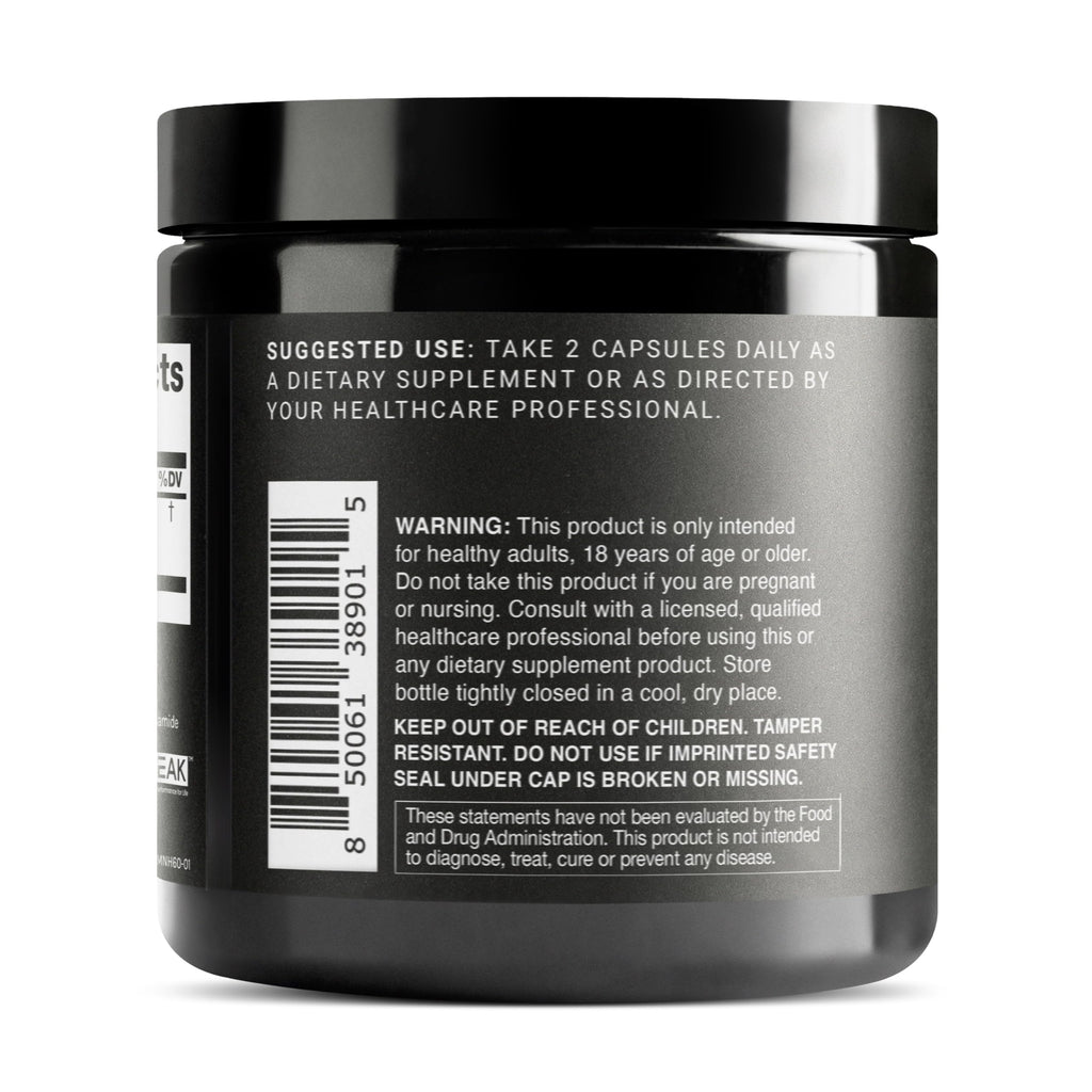 Side view of Toniiq Dihydronicotinamide Mononucleotide supplement detailing third party tested validation facts.