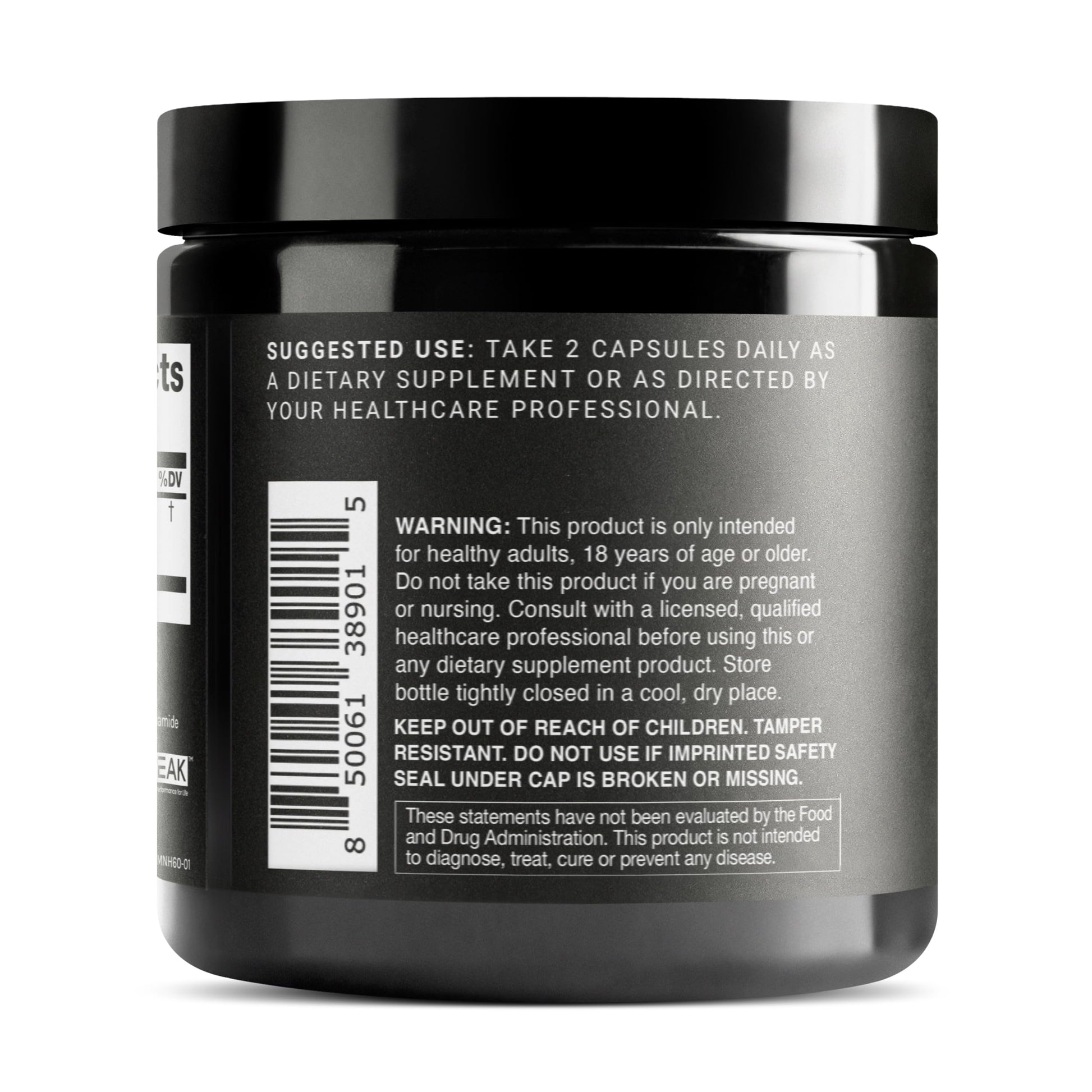 Side view of Toniiq Dihydronicotinamide Mononucleotide supplement detailing third party tested validation facts.