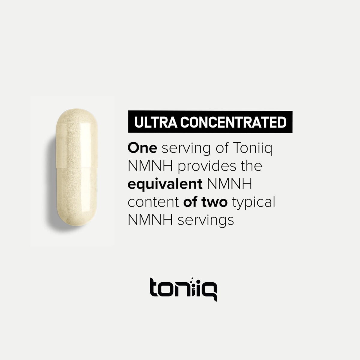 Toniiq longevity support supplement capsules displayed next to the official product packaging.