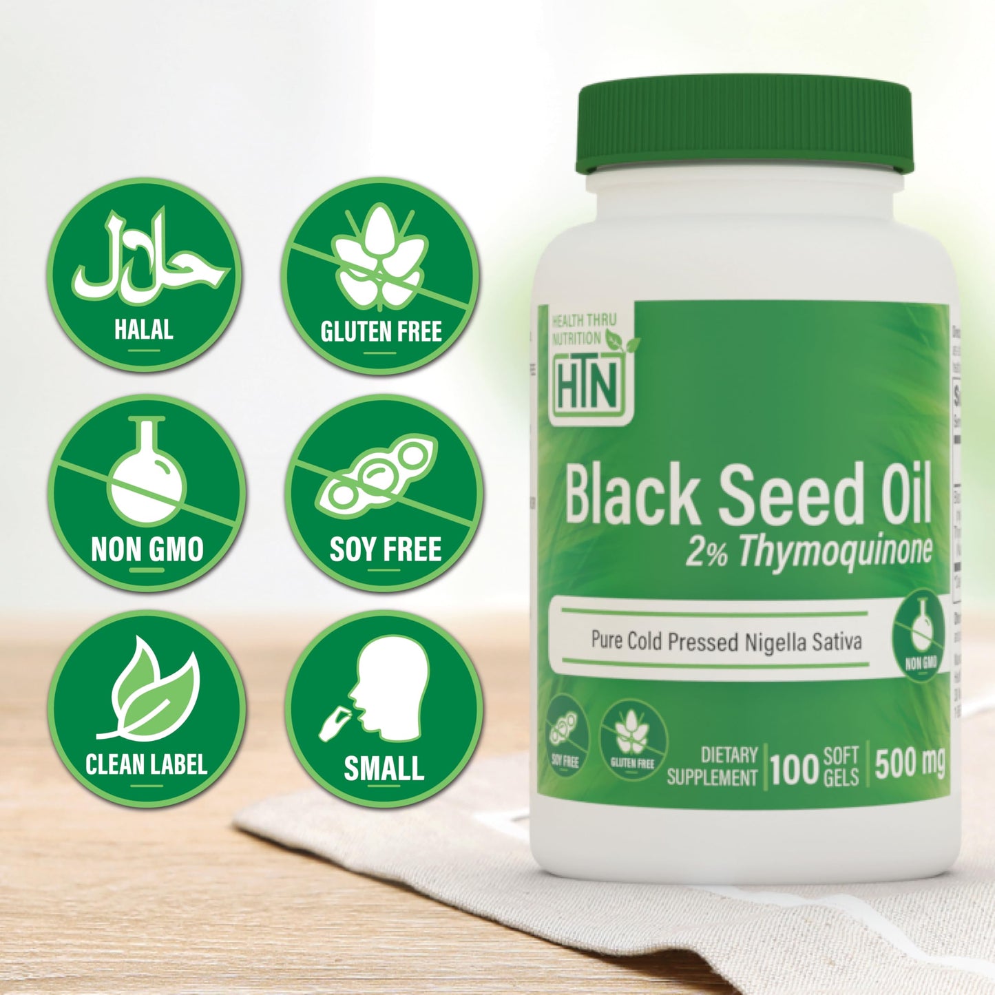 Pure cold pressed black cumin seed oil softgels for immune support side angle view