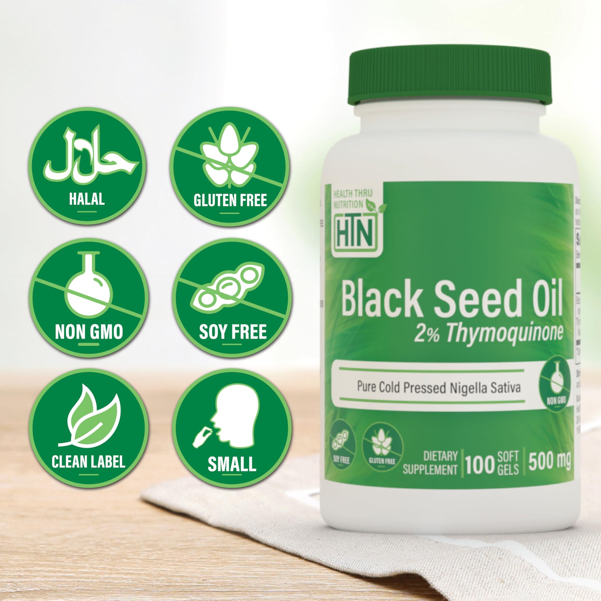 Pure cold pressed black cumin seed oil softgels for immune support side angle view