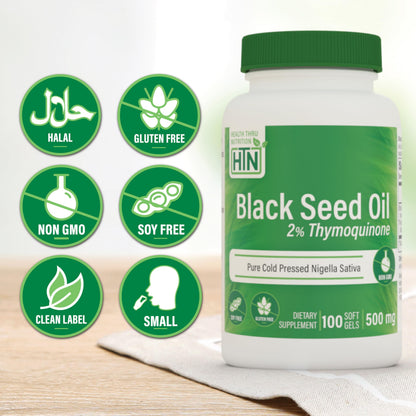 Pure cold pressed black cumin seed oil softgels for immune support side angle view