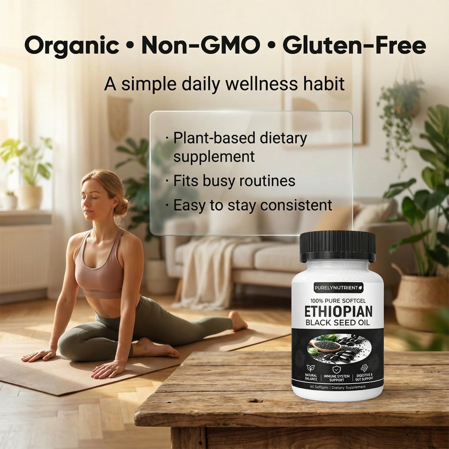 Purely Nutrient high potency black seed oil softgels bottle alongside natural wellness lifestyle setup.