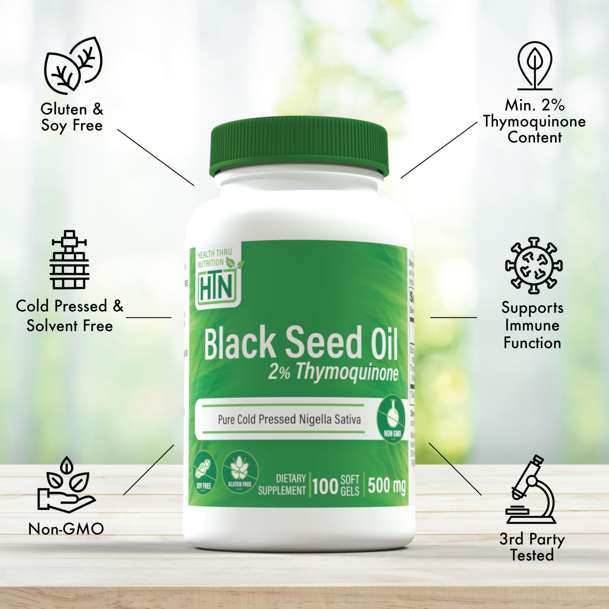 Authentic USA imported high potency two percent thymoquinone dietary supplement bottle