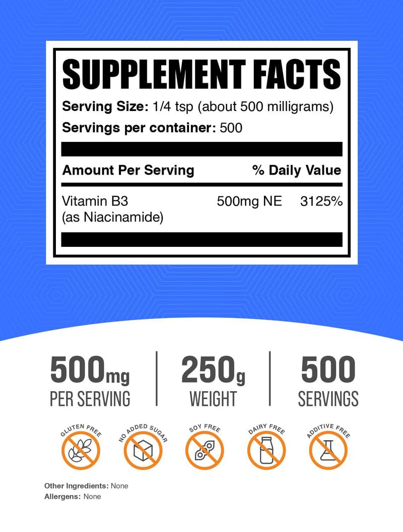 Pure unflavored Vitamin B3 powder by BulkSupplements for flush free dietary supplementation.