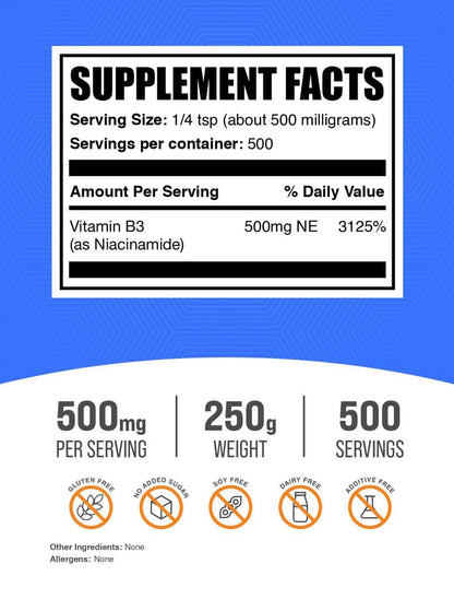 Pure unflavored Vitamin B3 powder by BulkSupplements for flush free dietary supplementation.
