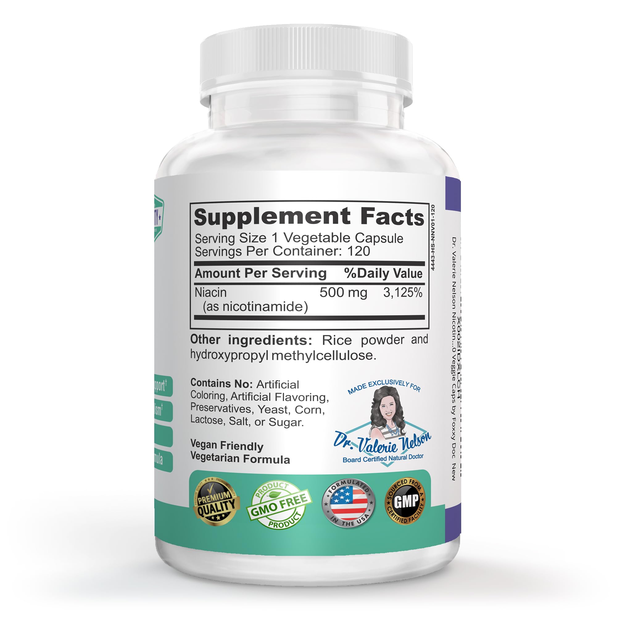 Authentic imported Vitamin B3 flush free veggie capsules side label view showing supplement facts.