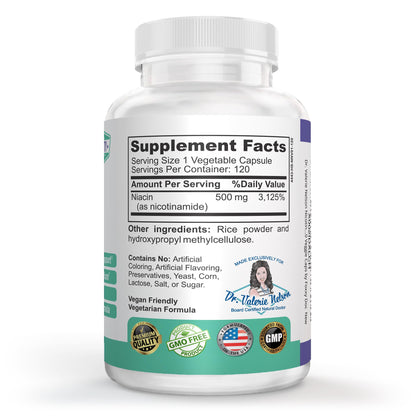 Authentic imported Vitamin B3 flush free veggie capsules side label view showing supplement facts.