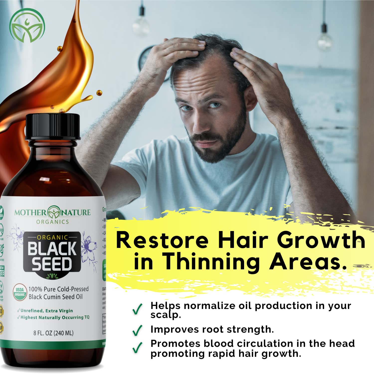 Mother Nature Organics unrefined dietary supplement bottle for hair and skin.
