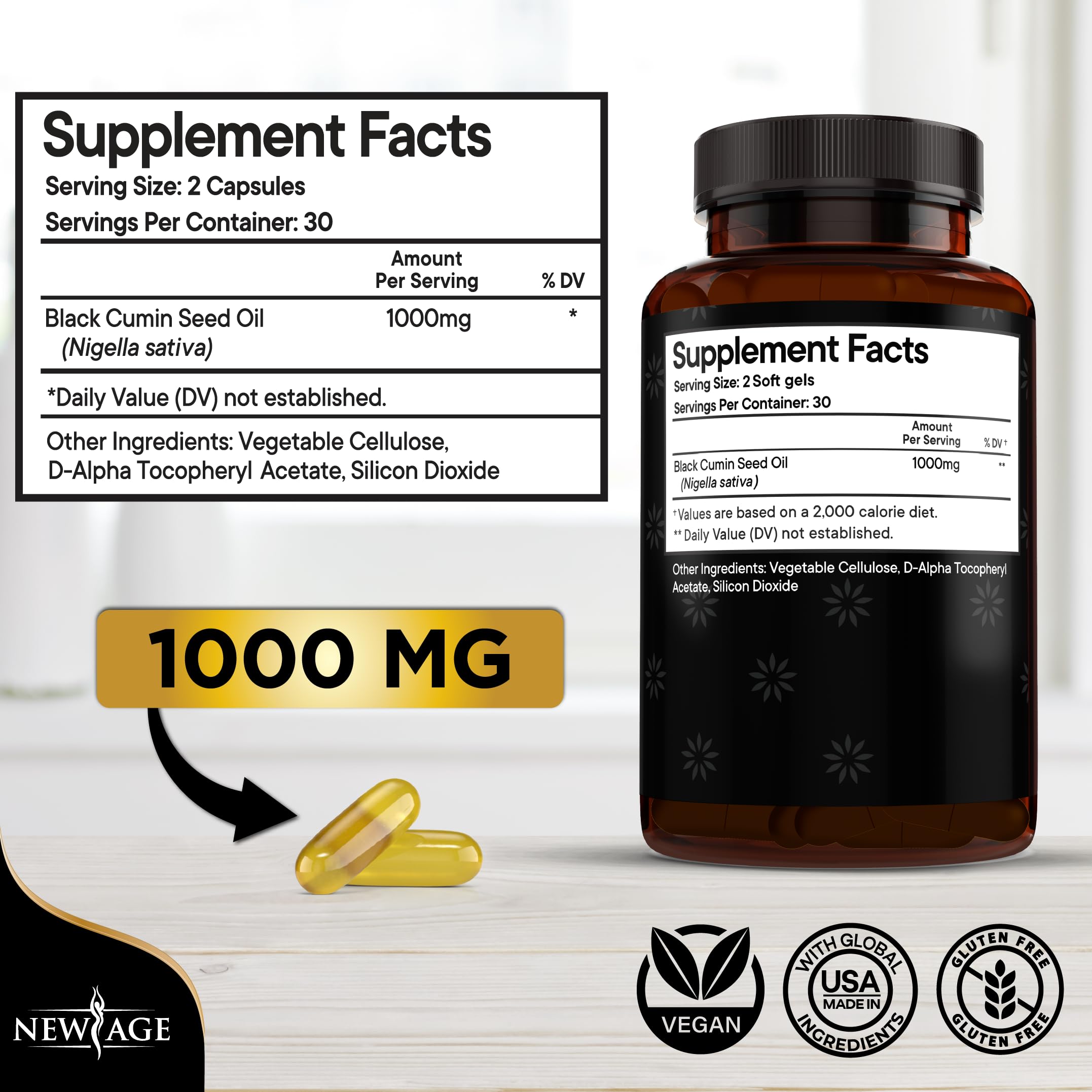 New Age cold pressed black cumin seed oil vegetarian capsules label information