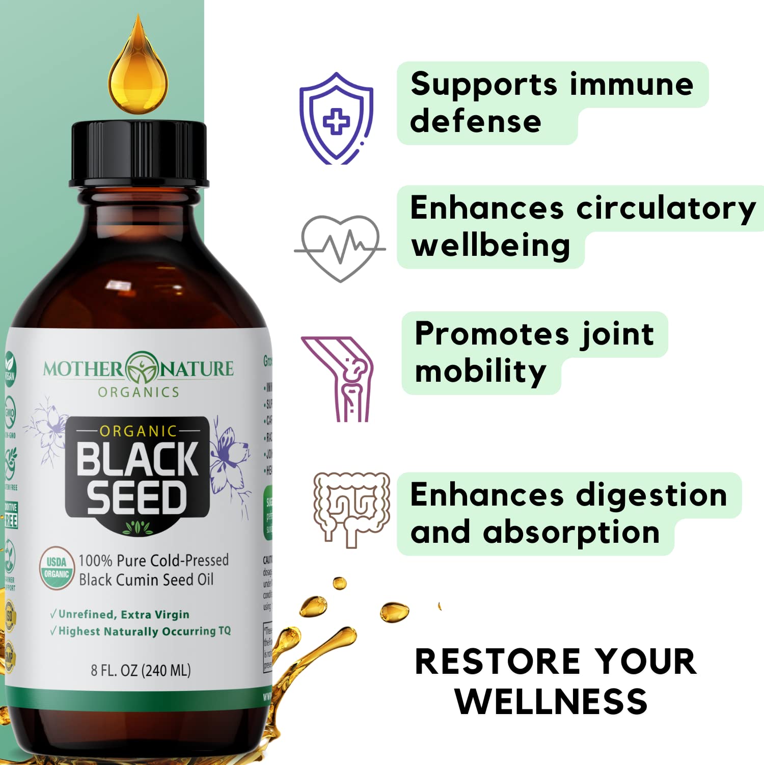 Omega fatty acids rich black seed oil liquid supplement packaging details.