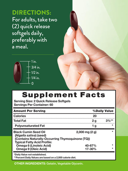 Nature's Truth cold pressed black cumin seed oil supplement label details