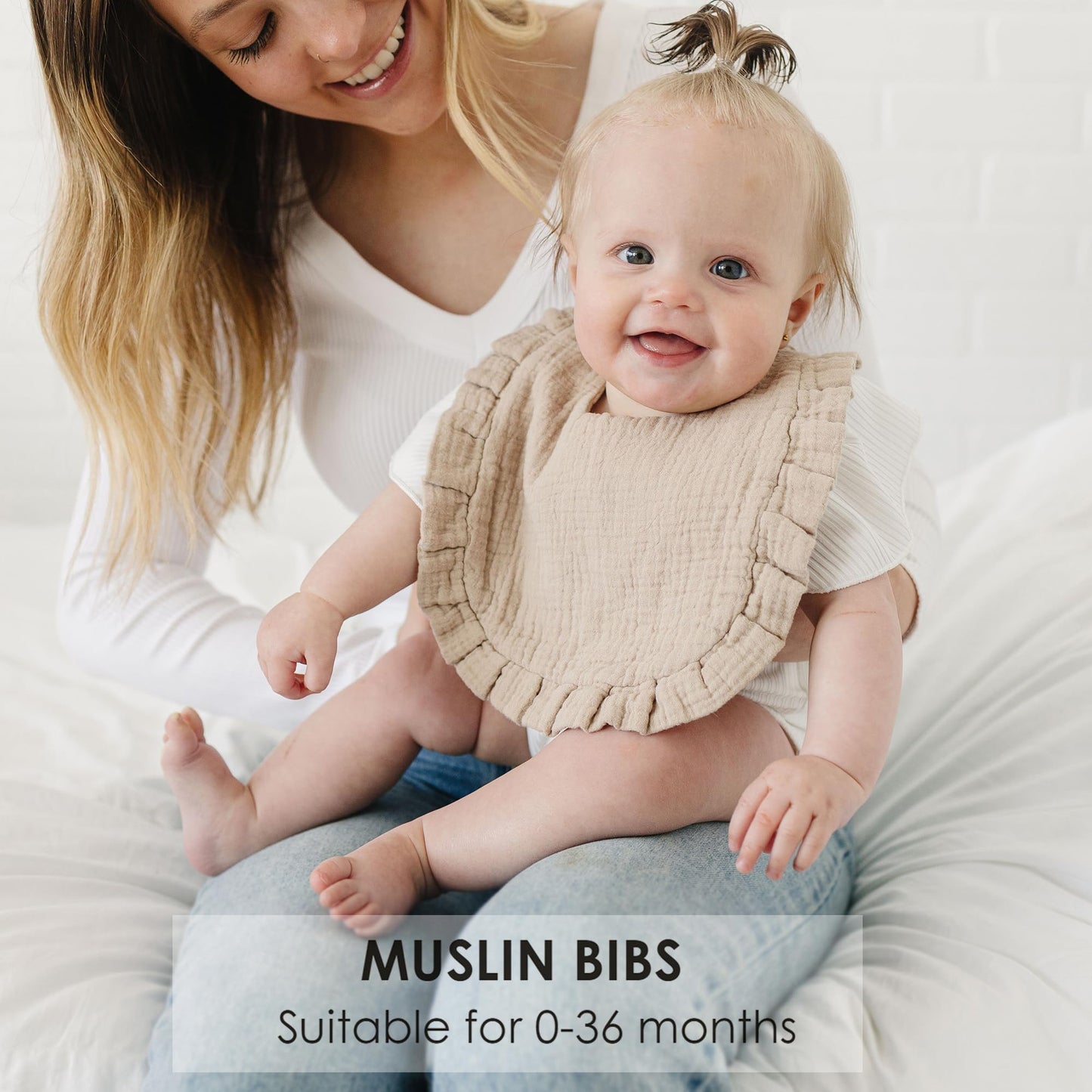 Unisex baby wearing MairMore cotton bandana bib