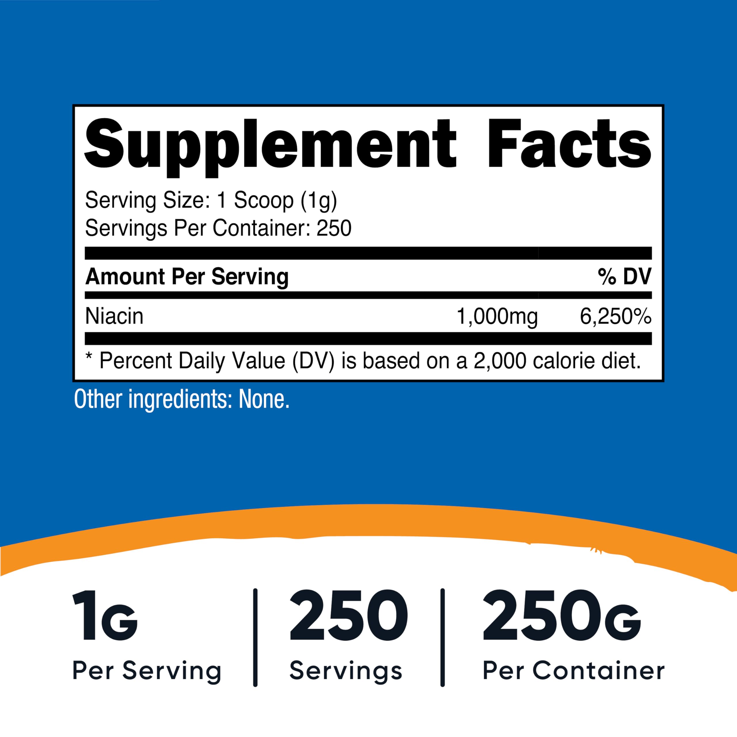 Nutricost pure unflavored vitamin B3 dietary supplement powder packaging details