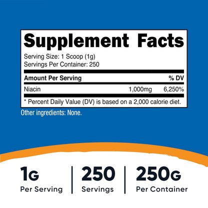 Nutricost pure unflavored vitamin B3 dietary supplement powder packaging details