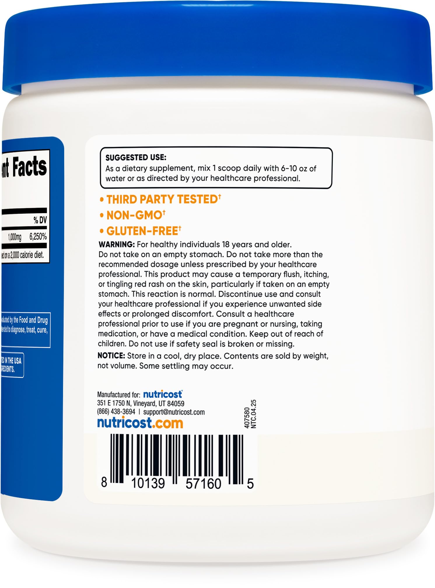 Nutricost vitamin B3 250 servings scoop size and nutritional information facts