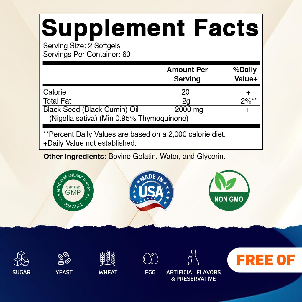 Vitamatic black cumin seed oil 2000mg per serving nutritional facts label information