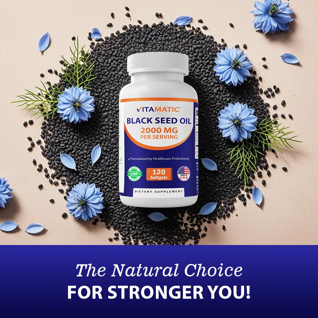 Vitamatic cold pressed antioxidant rich supplement bottles showing thymoquinone standardization