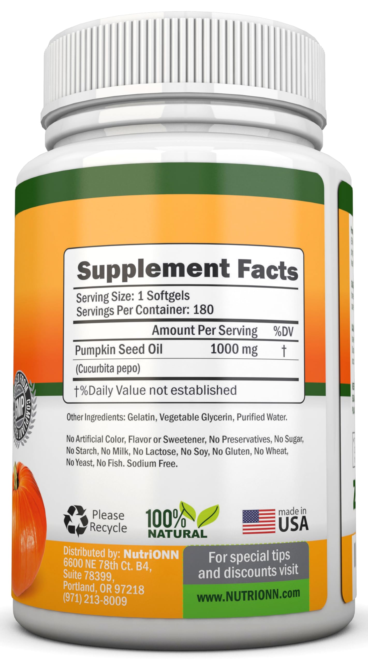 NutriONN Pumpkin Seed Oil bottle side view detailing supplement facts and cold pressed oil ingredients