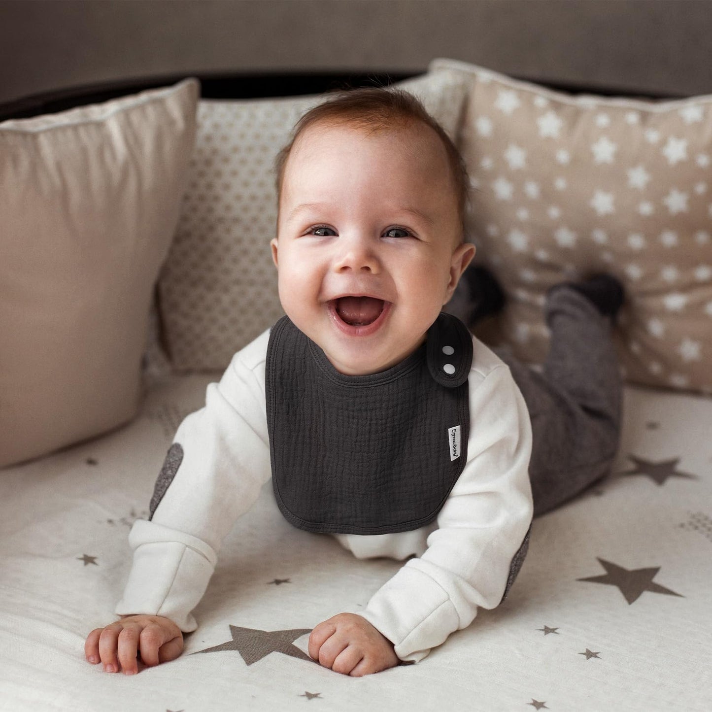 Close up of soft organic muslin cotton texture on baby bib