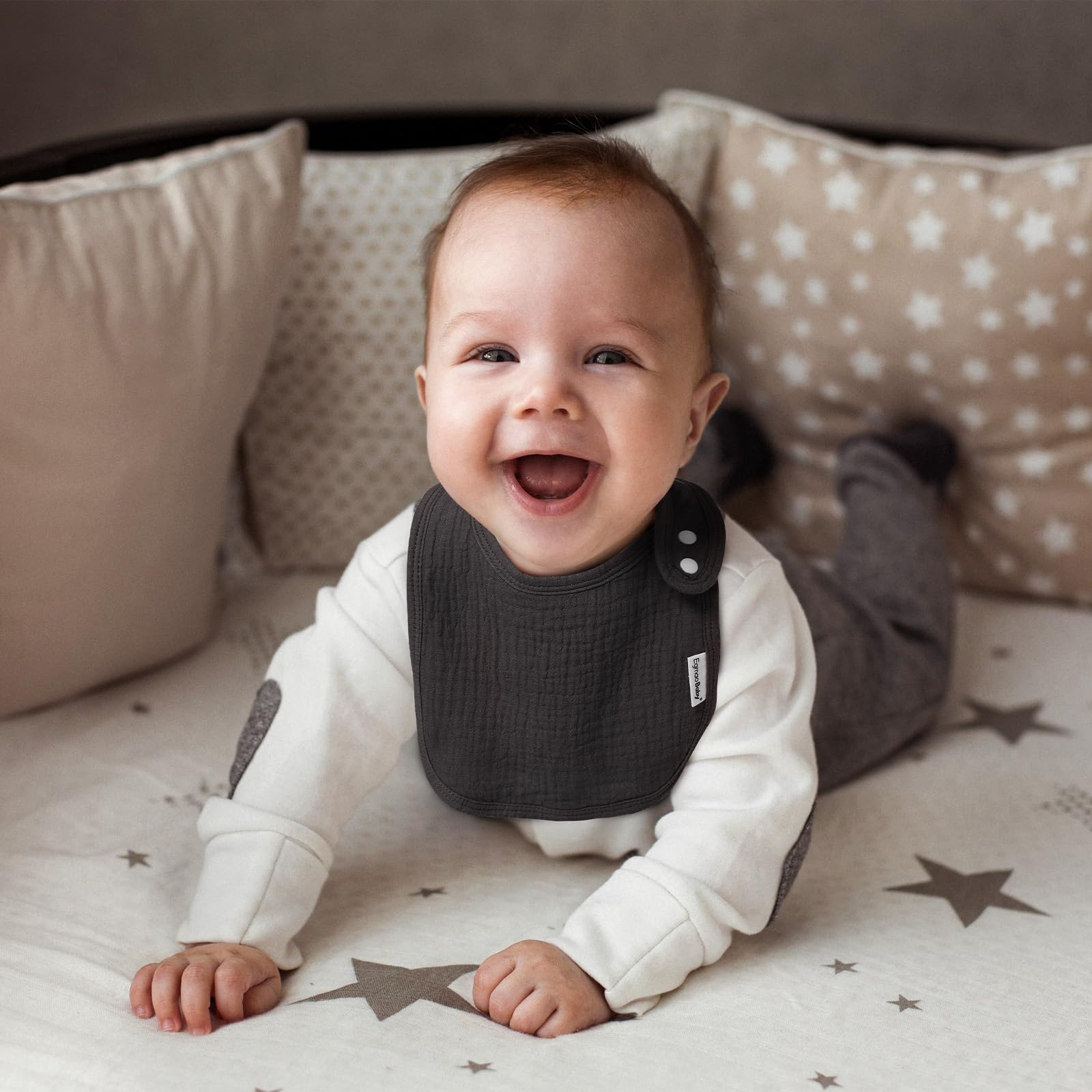 Close up of soft organic muslin cotton texture on baby bib