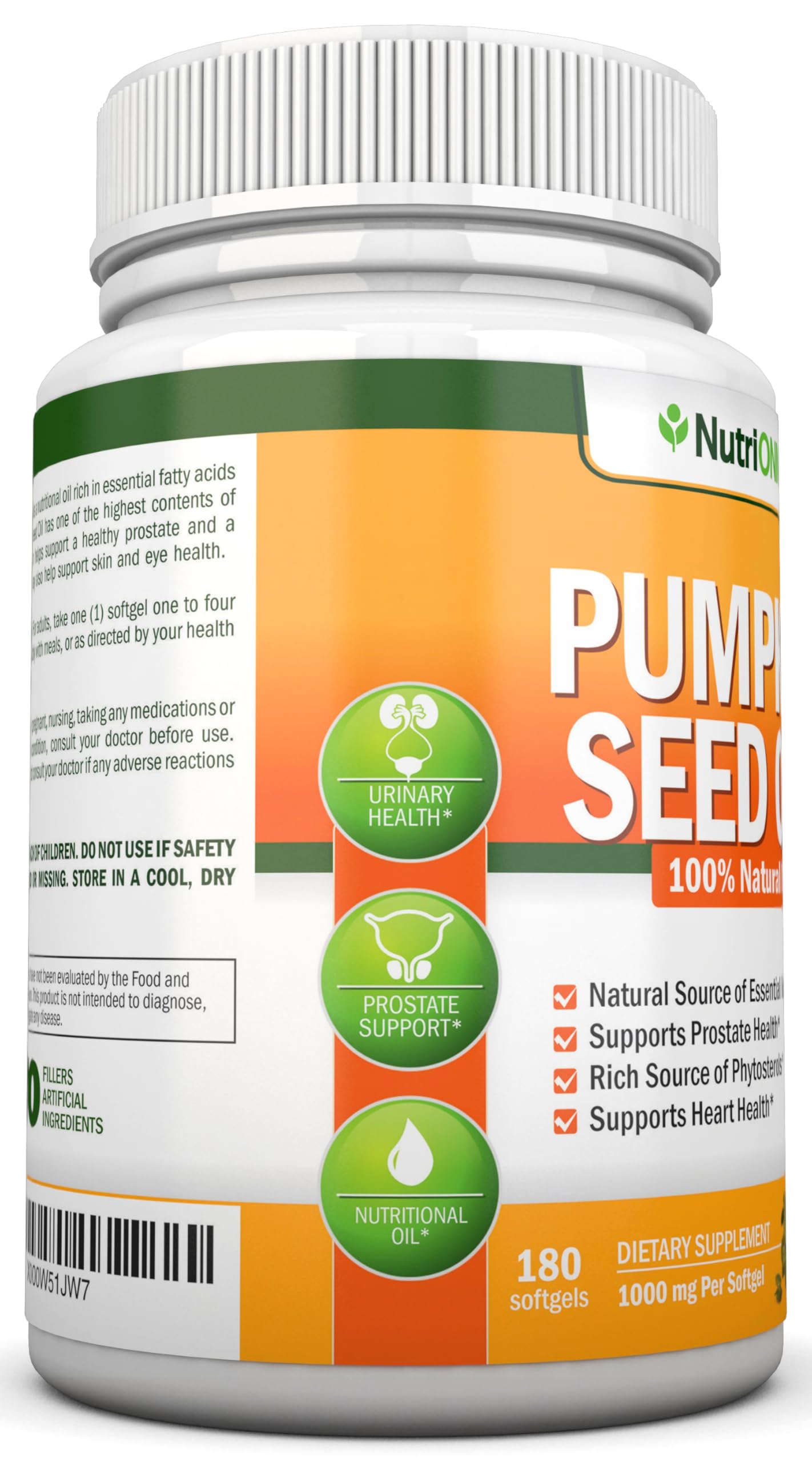 NutriONN Pumpkin Seed Oil dietary supplement bottle showcasing the unrefined essential fatty acids label