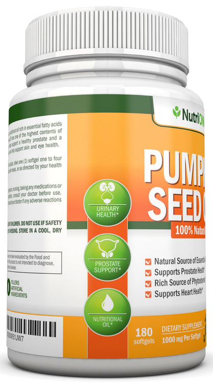 NutriONN Pumpkin Seed Oil dietary supplement bottle showcasing the unrefined essential fatty acids label