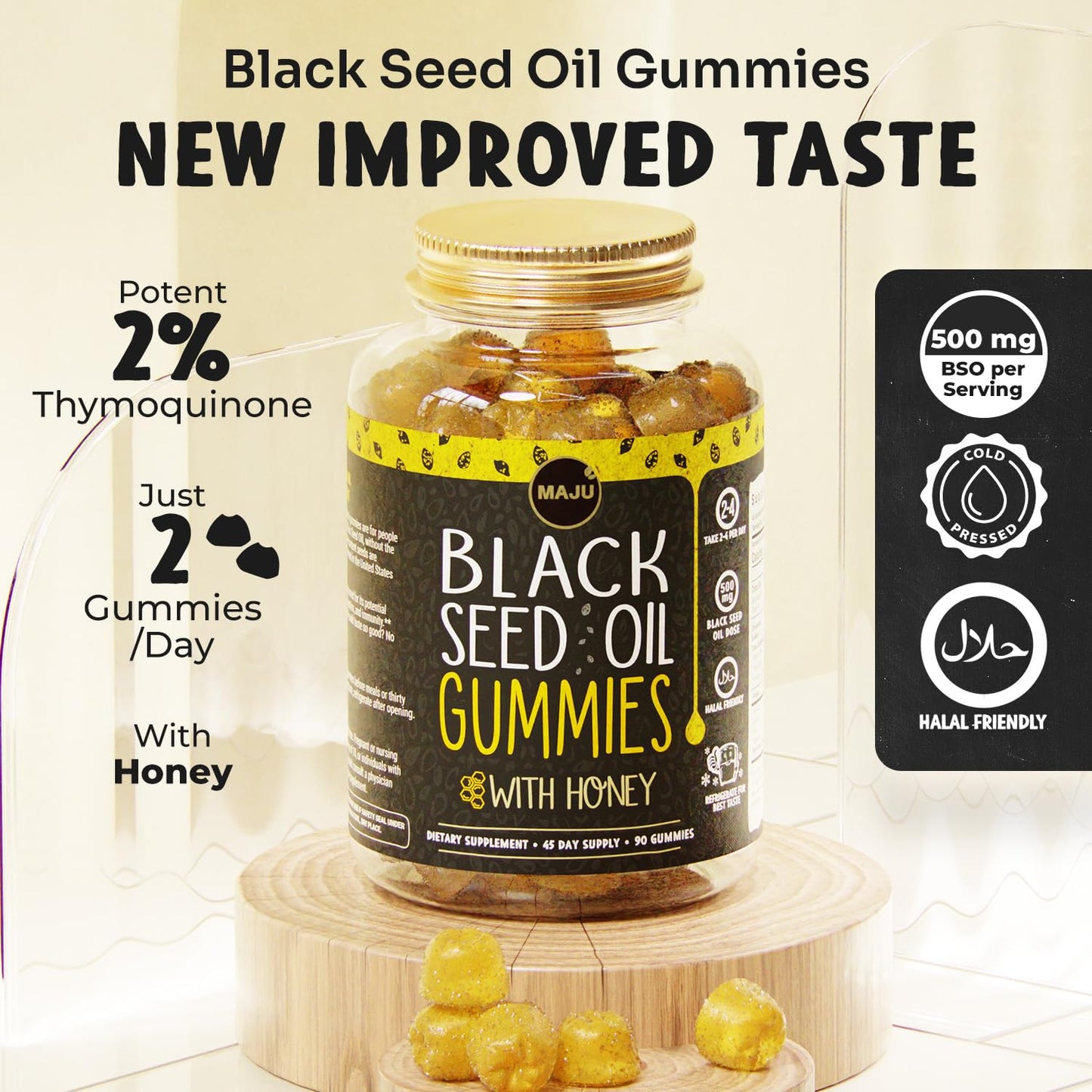 Maju Superfoods high Thymoquinone black seed oil berry flavored gummies nutrition facts