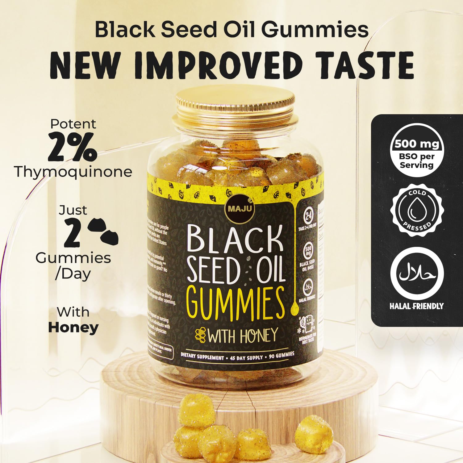 Maju Superfoods high Thymoquinone black seed oil berry flavored gummies nutrition facts