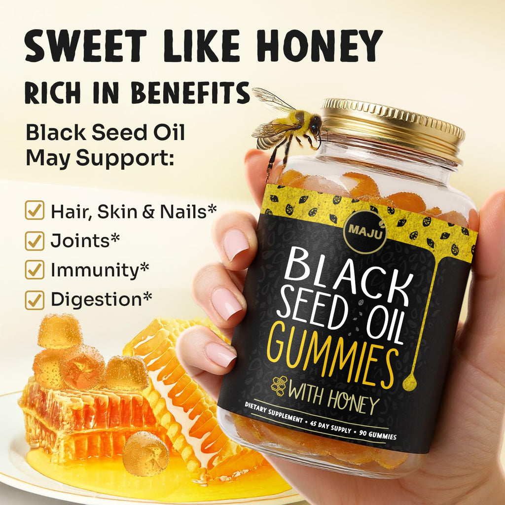 Maju Superfoods black seed oil gummies texture and shape view