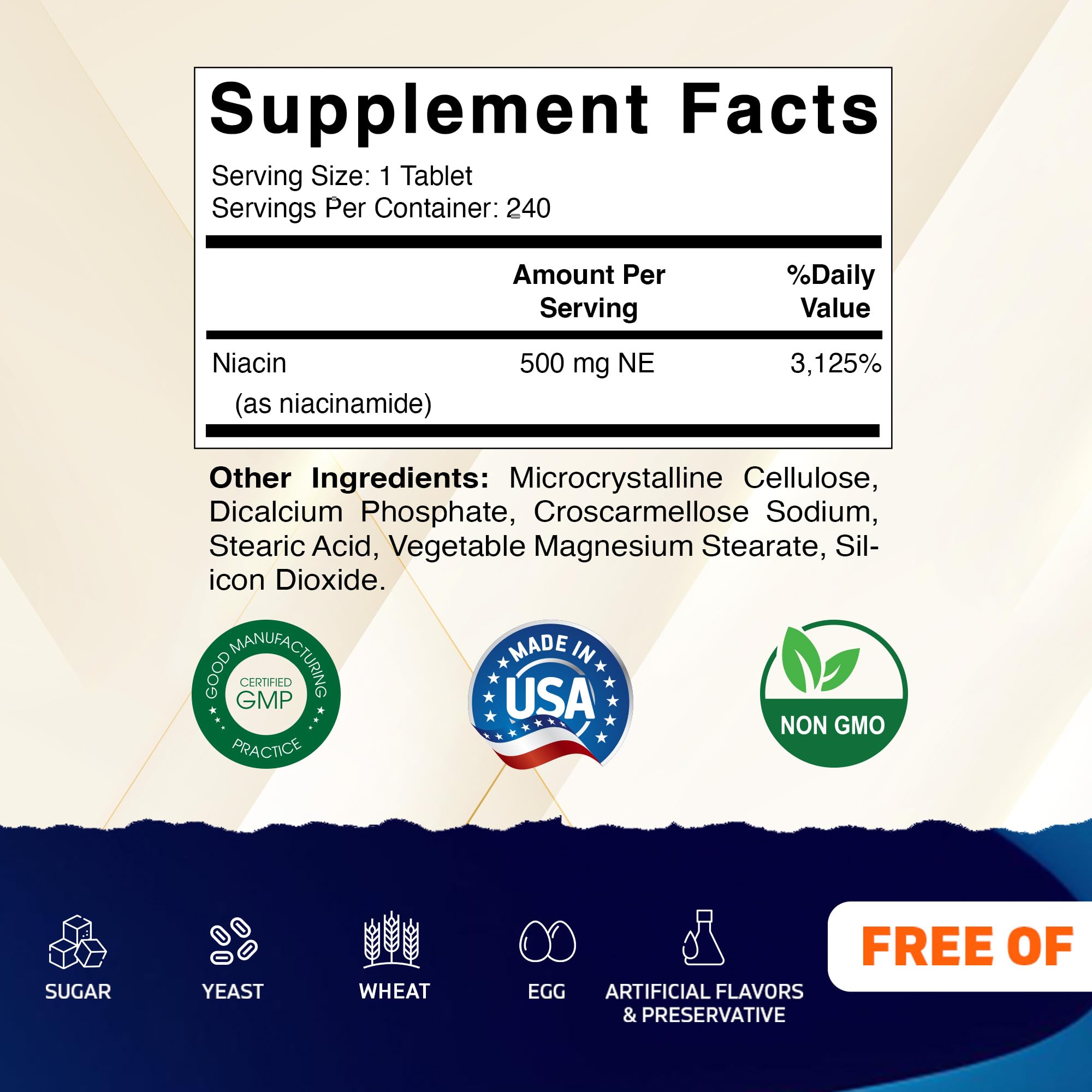 Vitamatic Vitamin B3 flush free 240 tablets supplement facts label