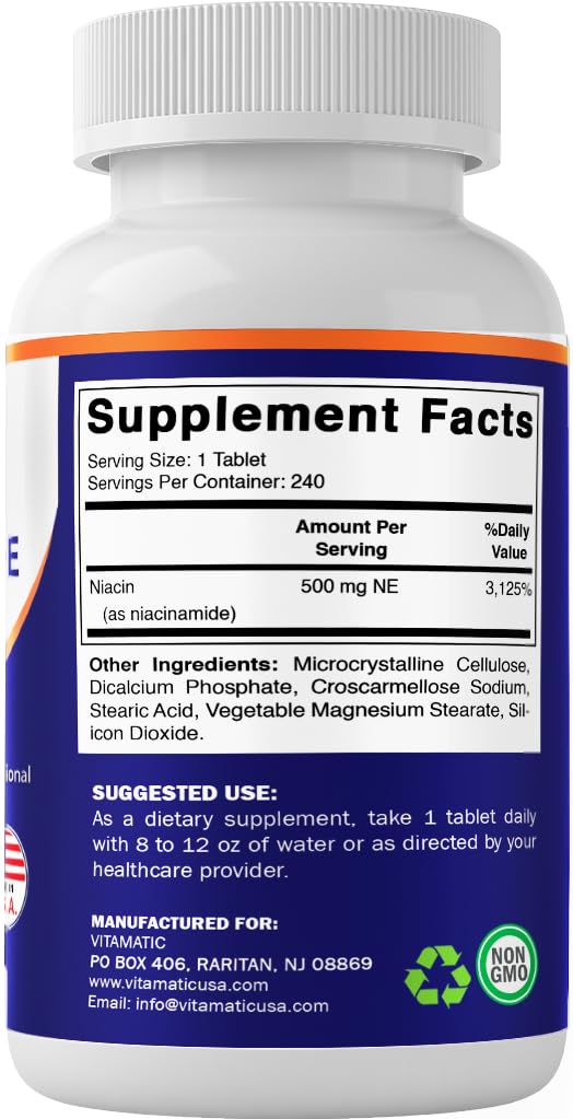 Vitamatic imported niacinamide 500mg daily supplement bottle base