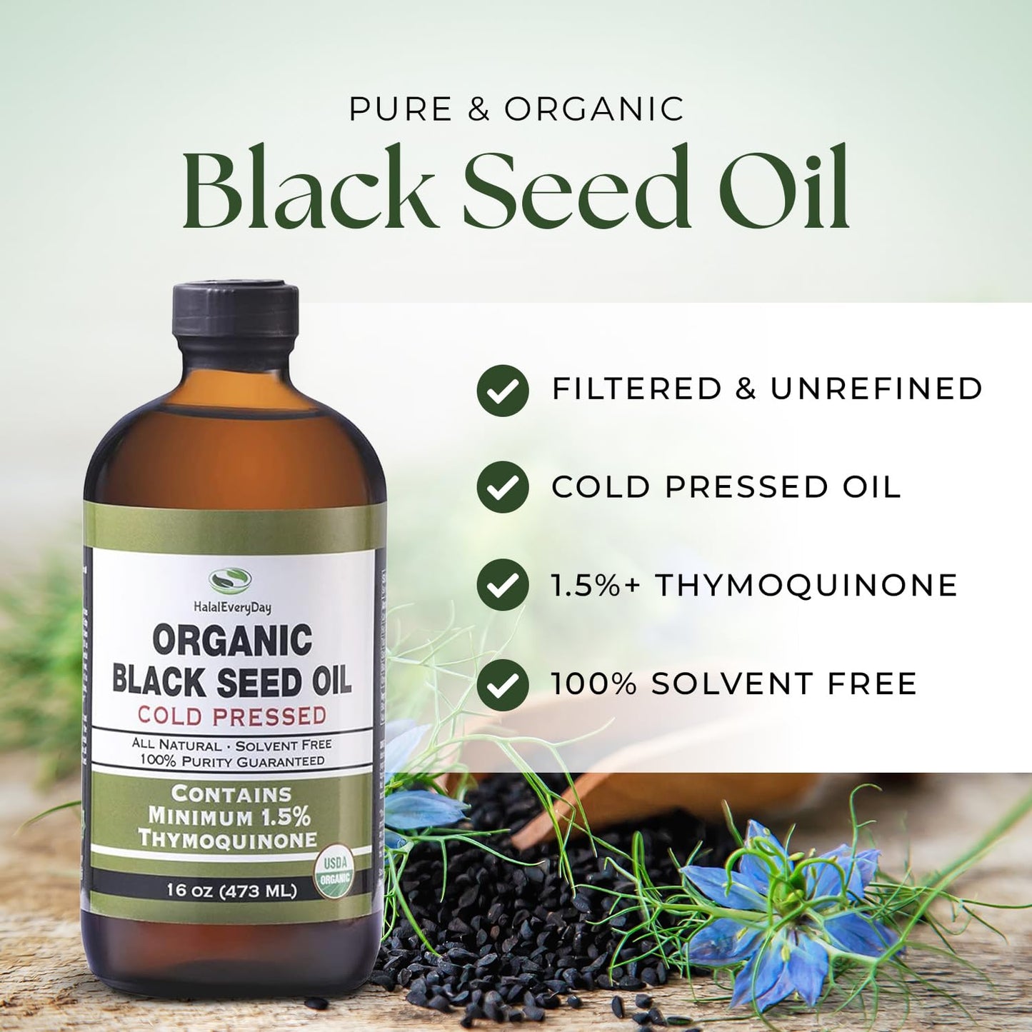 HalalEveryDay pure Nigella Sativa liquid supplement nutrition facts panel and organic certification logos.