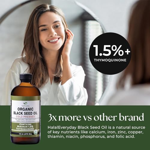 HalalEveryDay Organic Black Seed Oil unboxed view with natural seed oil clarity