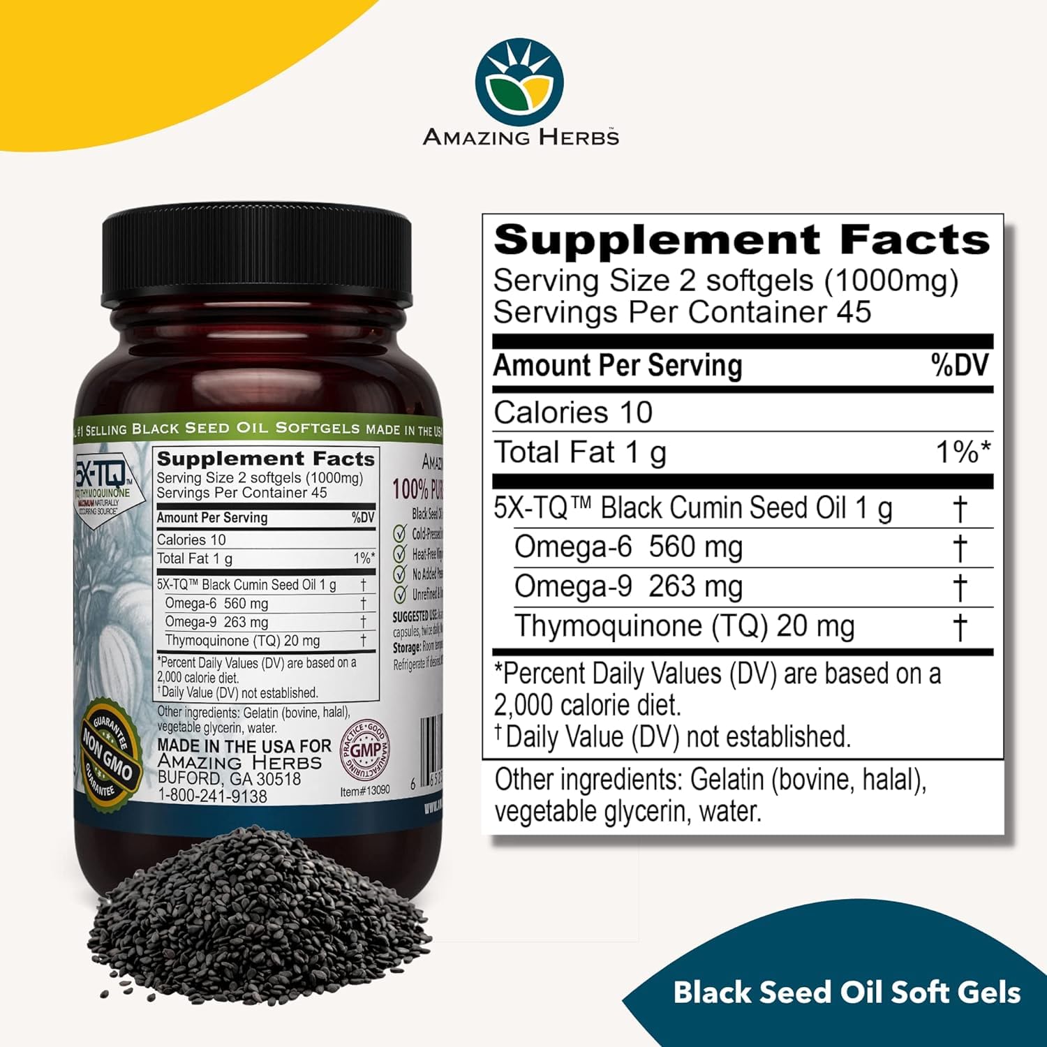 Side view of Amazing Herbs pure cold pressed black cumin seed oil softgels bottle highlighting supplement facts