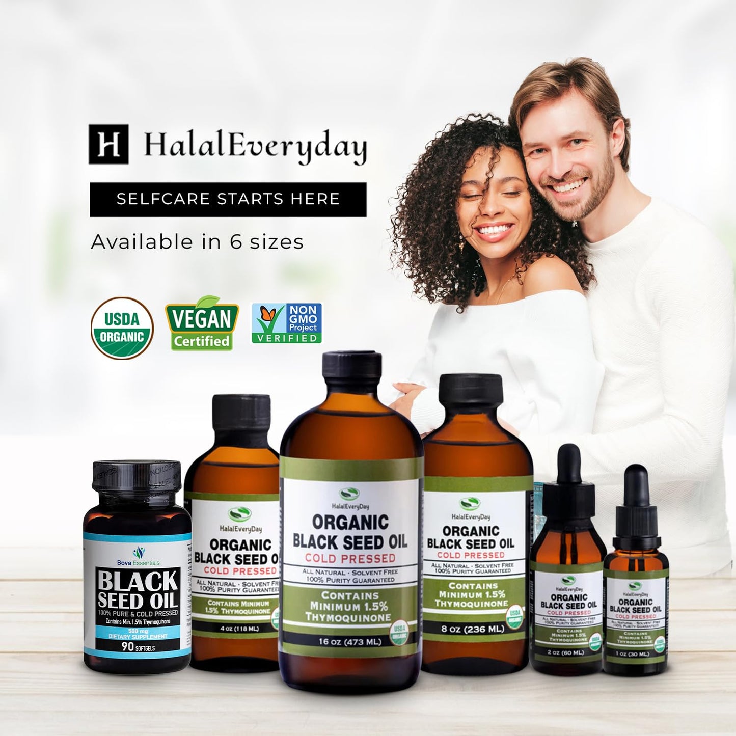 HalalEveryDay authentic non-GMO black seed dietary supplement showing the secure bottle cap closure.