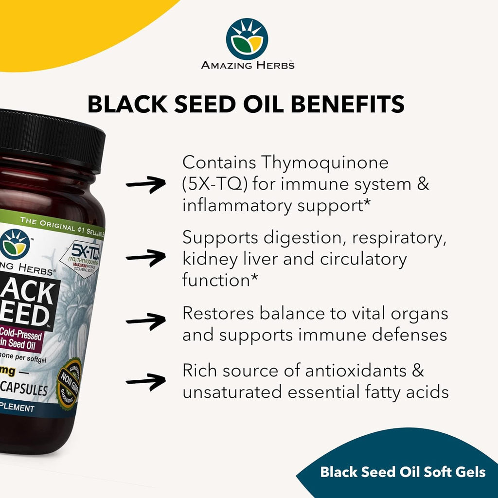 Amazing Herbs cold pressed black seed oil supplement capsules close up