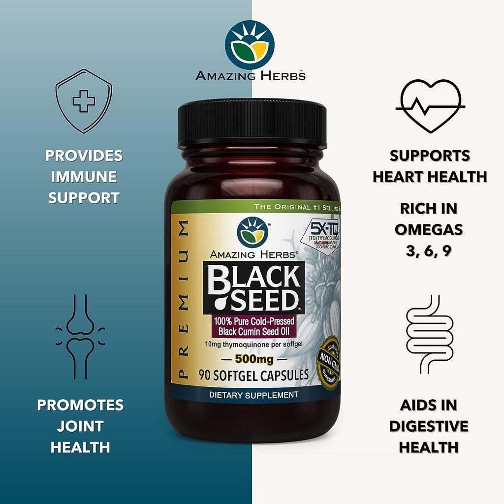 Amazing Herbs 500mg black seed oil softgels container layout