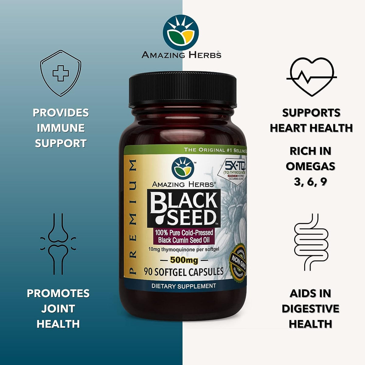 Amazing Herbs 500mg black seed oil softgels container layout