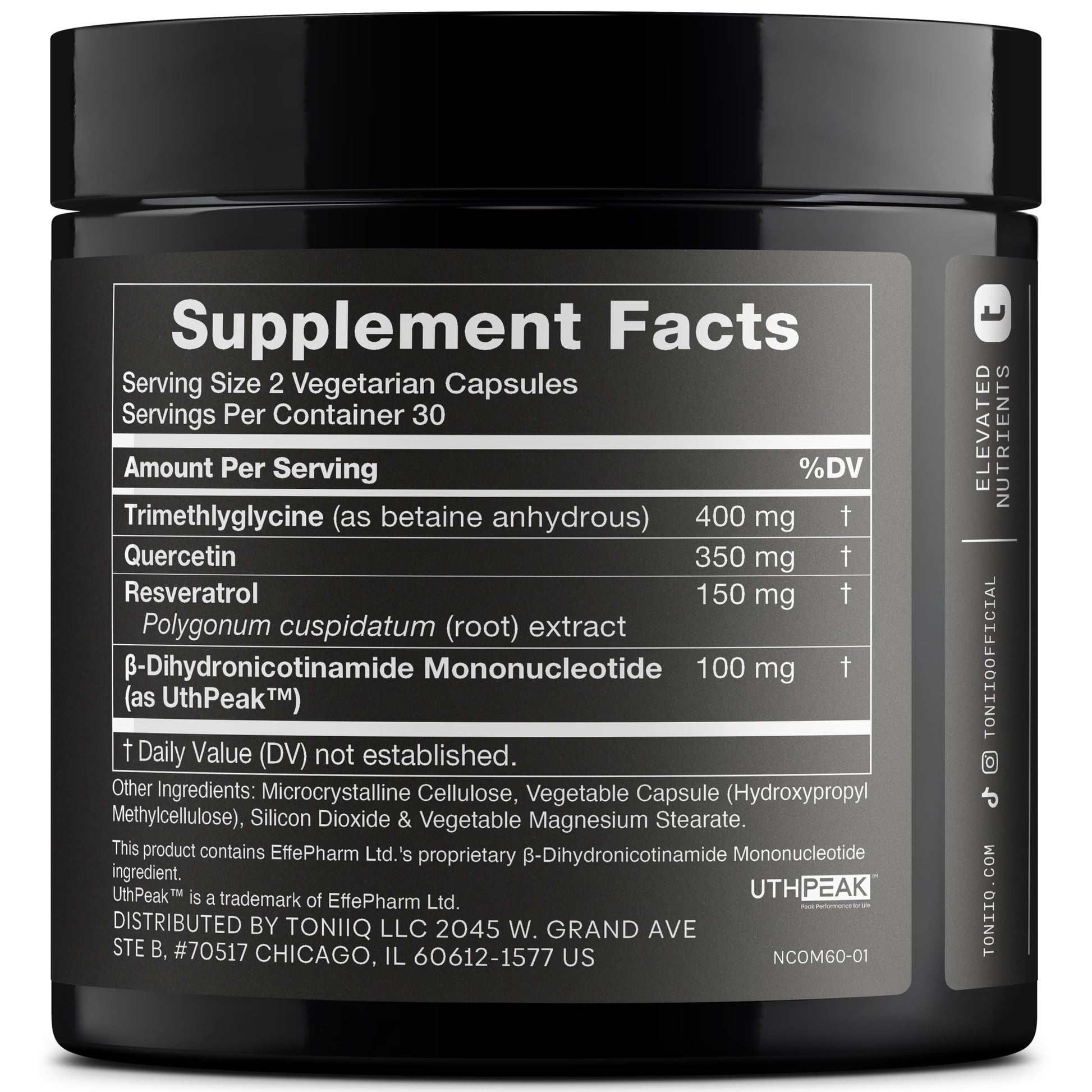 Toniiq NMNH supplement bottle showing Uthpeak logo