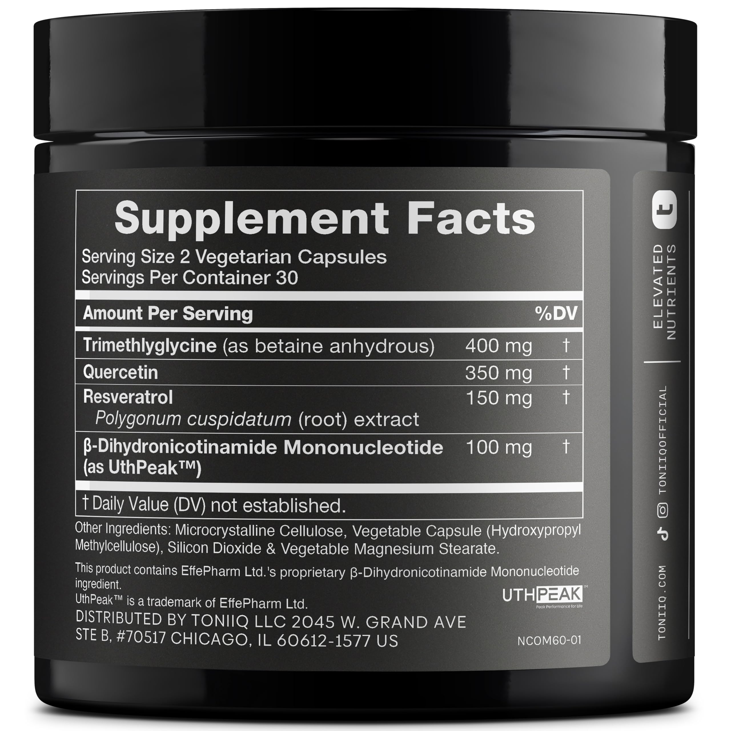 Toniiq NMNH supplement bottle showing Uthpeak logo