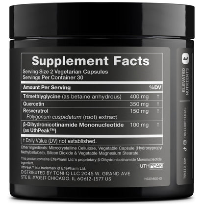 Toniiq NMNH supplement bottle showing Uthpeak logo