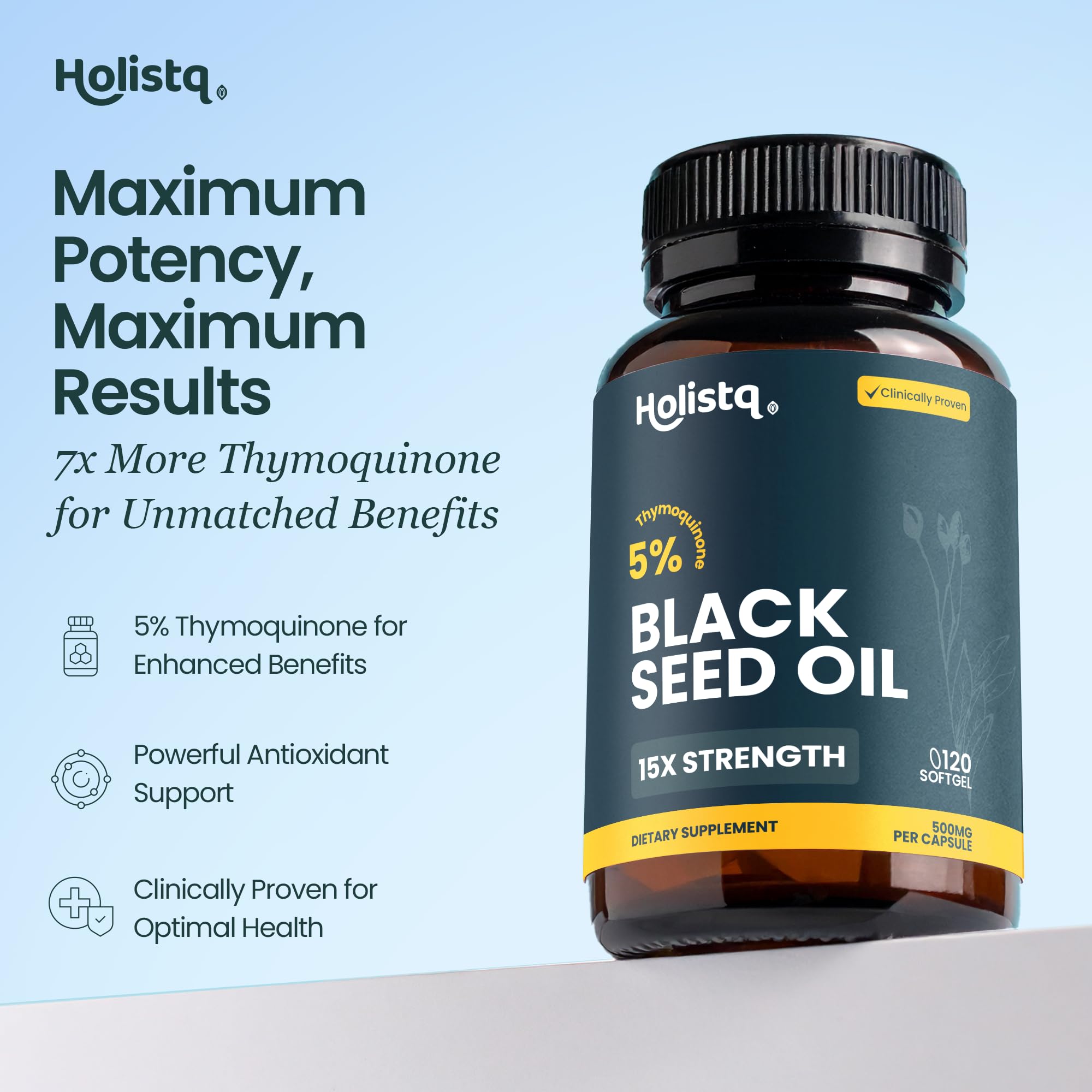 Holistq 5 percent Thymoquinone capsules supplement label detailing nutritional facts and organic certification