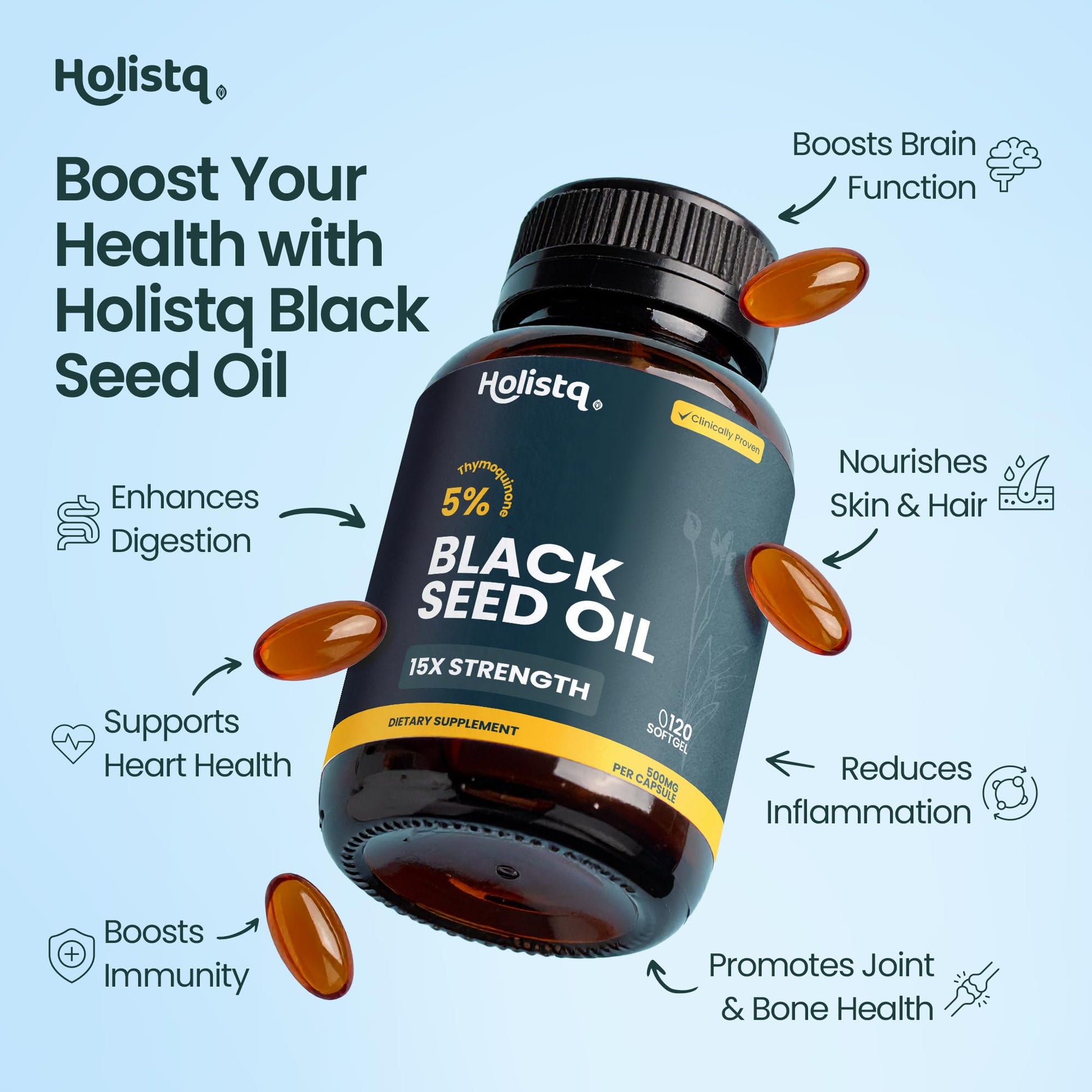 High potency black cumin seed oil capsules container displaying Omega 3 6 9 ingredient composition