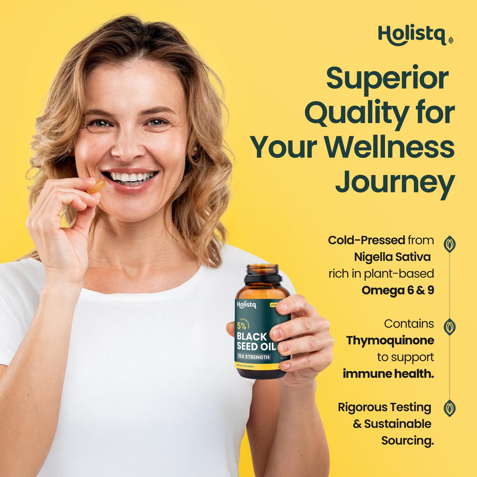 Holistq organic dietary softgels highlighting non GMO and vegan attributes for immune support