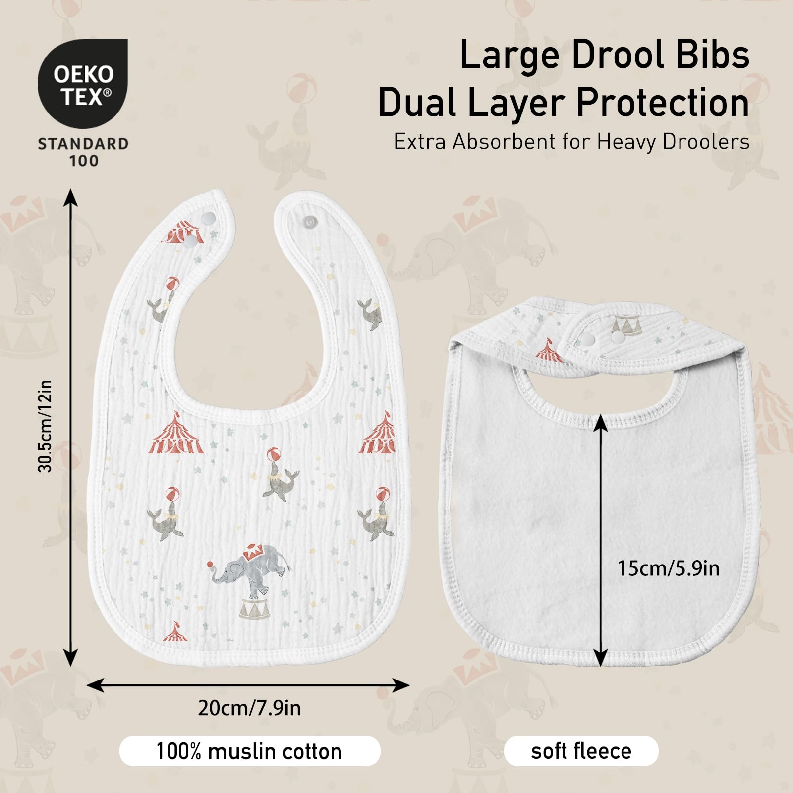 Baby wearing colorful circus theme muslin drool bib