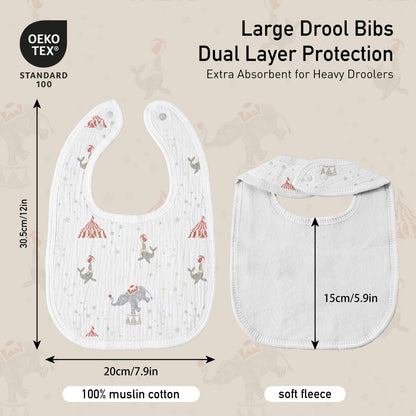 Baby wearing colorful circus theme muslin drool bib